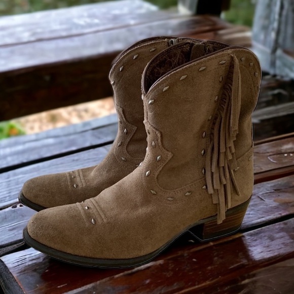Ariat Shoes - Ariat Sunset Fringe Studded Western Ankle Boots in Almond Bark Suede Size 7